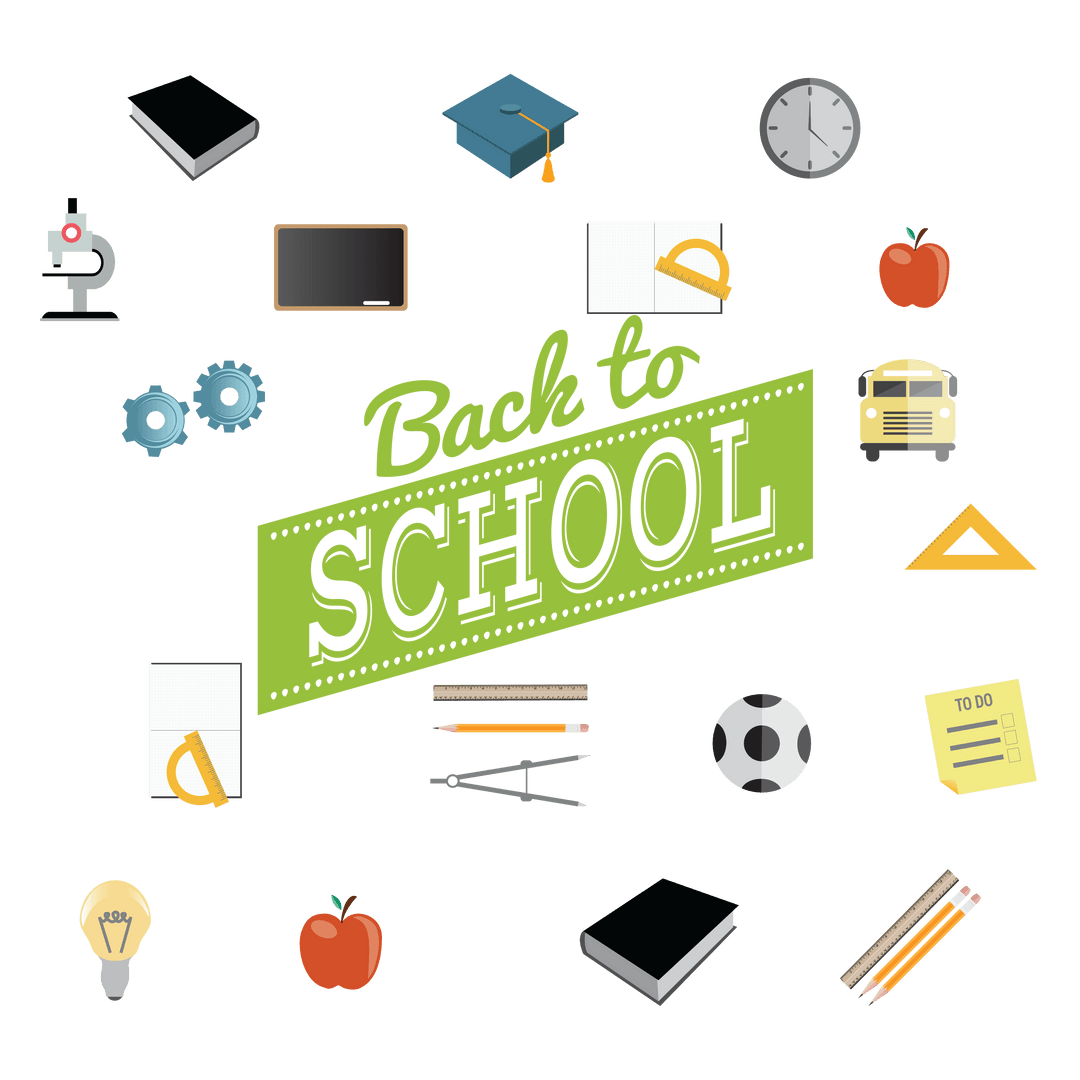 Back to School Text with Educational Icons on Transparent Background