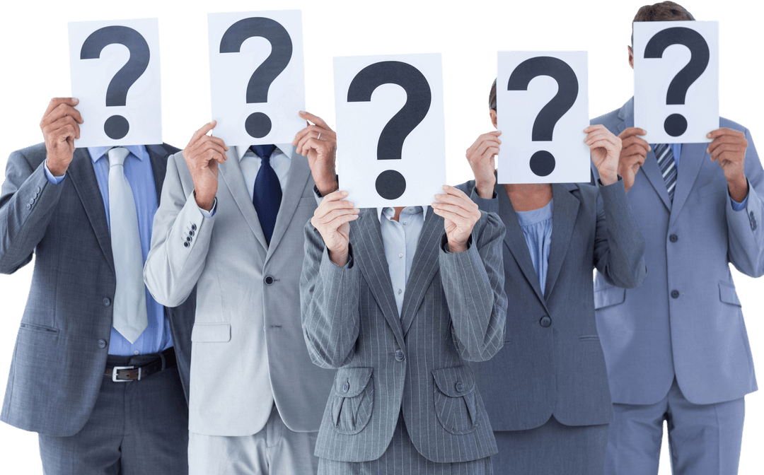 Business Professionals Holding Transparent Question Mark Signs