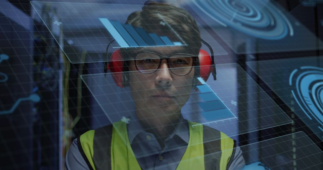 Asian Engineer Analyzing Data Interfaces in a Server Room