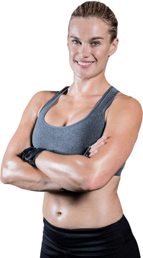 Confident Muscular Woman with Arms Crossed on Transparent Background