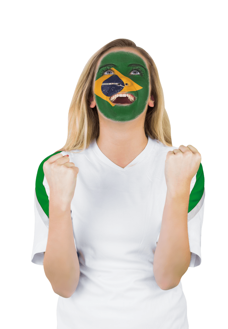 Excited Fan with Brazil Face Paint Showing Enthusiasm on Transparent Background