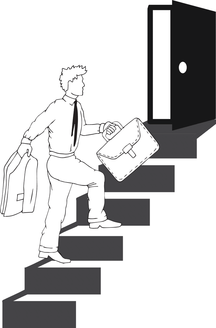 Businessman Walking Up Stairs with Briefcases on Transparent Background