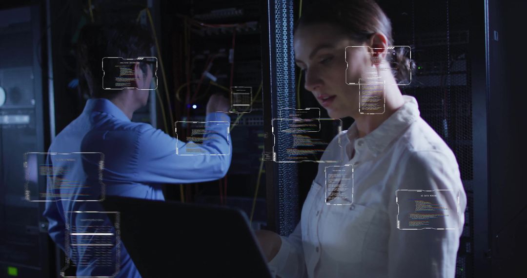 Technicians Managing Servers with Digital Interface