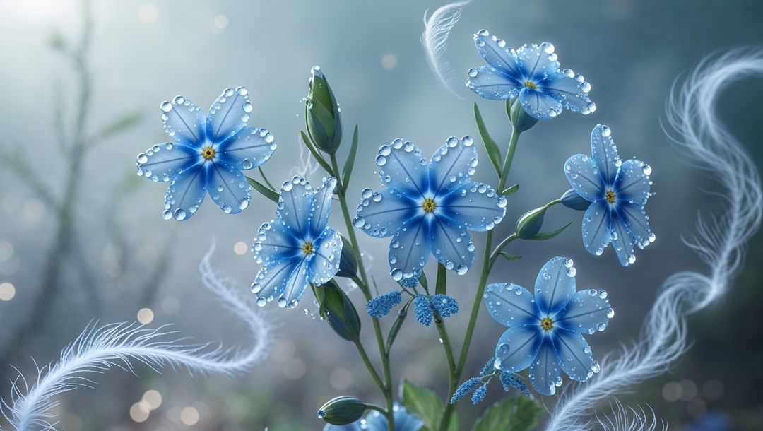 Delicate blue forget me not flowers with dewy petals and green stems