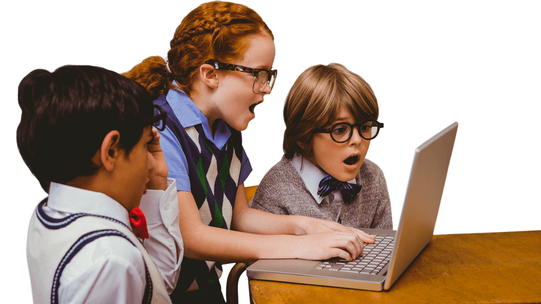 Diverse Schoolchildren Excitedly Using Laptop on Transparent Background