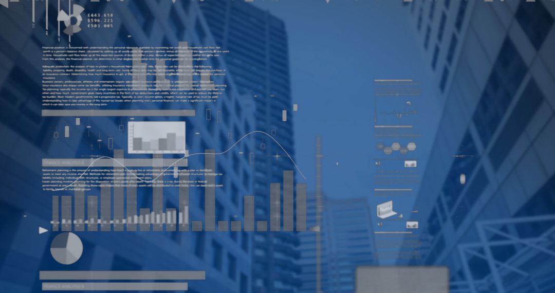 Digital Infographic Overlay on Cityscape Background