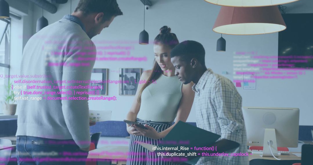 Colleagues Collaborating with Digital Interface Code Overlay