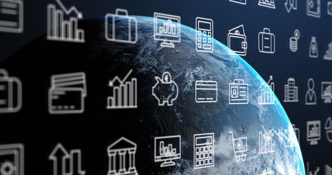 Digital Icons Overlaying Globe Indicating Global Data Processing