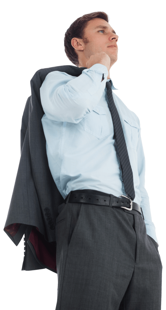Transparent Young Businessman Holding Jacket Confident Expression