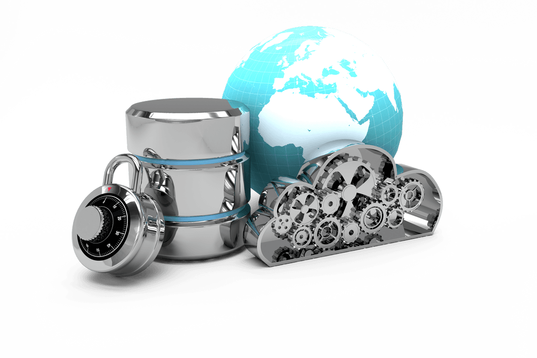 Transparent Cybersecurity Icon with Lock and Metallic Cloud