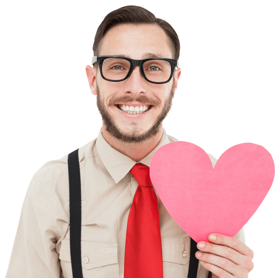 Smiling Hipster with Transparent Heart Card Symbolizing Love