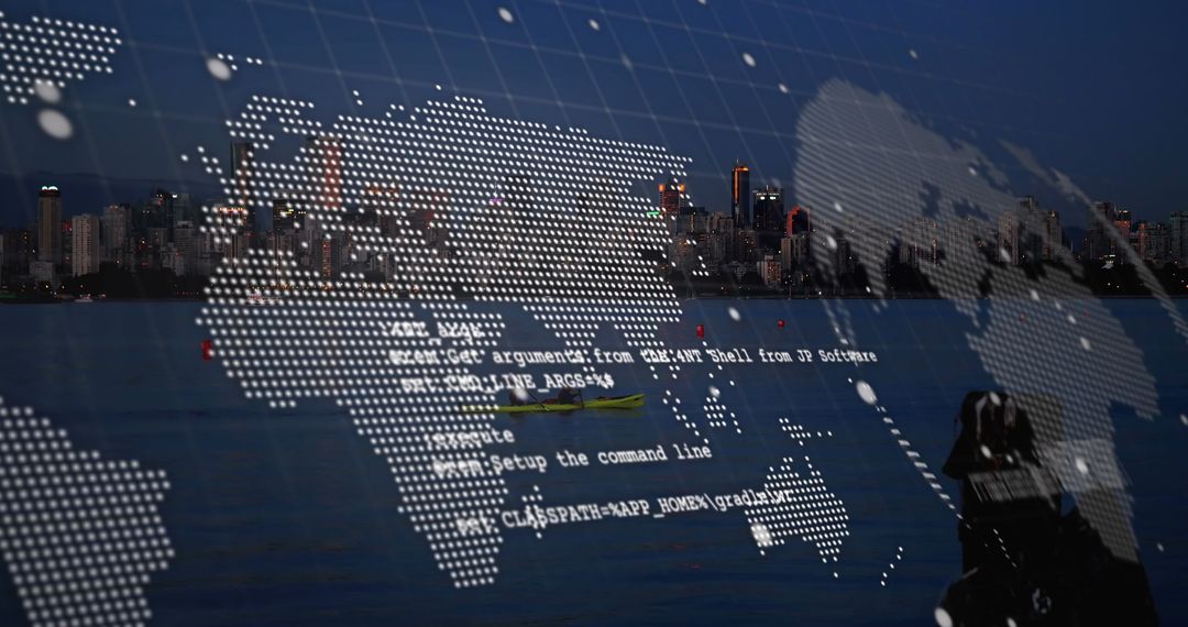 Digital World Map with Connected Nodes and Technology Overlay