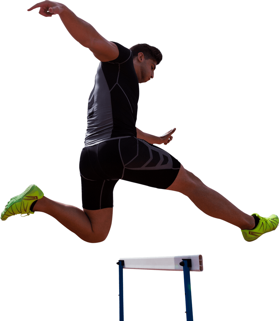 Biracial Athlete Achieving Spectacular Hurdle Jump on Transparent Background