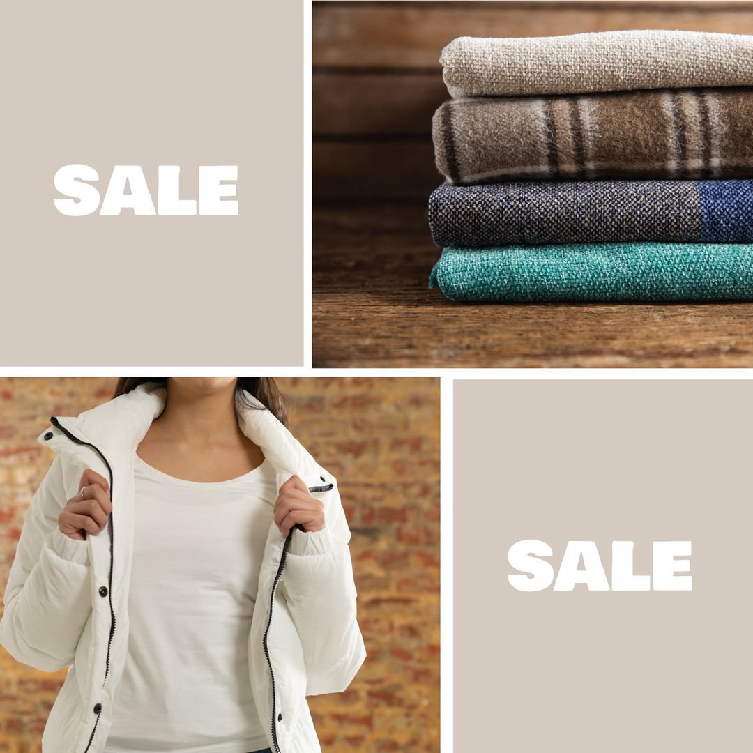 Winter Sale Advertisement Banner with Fabrics and Woman Wearing Jacket - Download Free Stock Templates Pikwizard.com