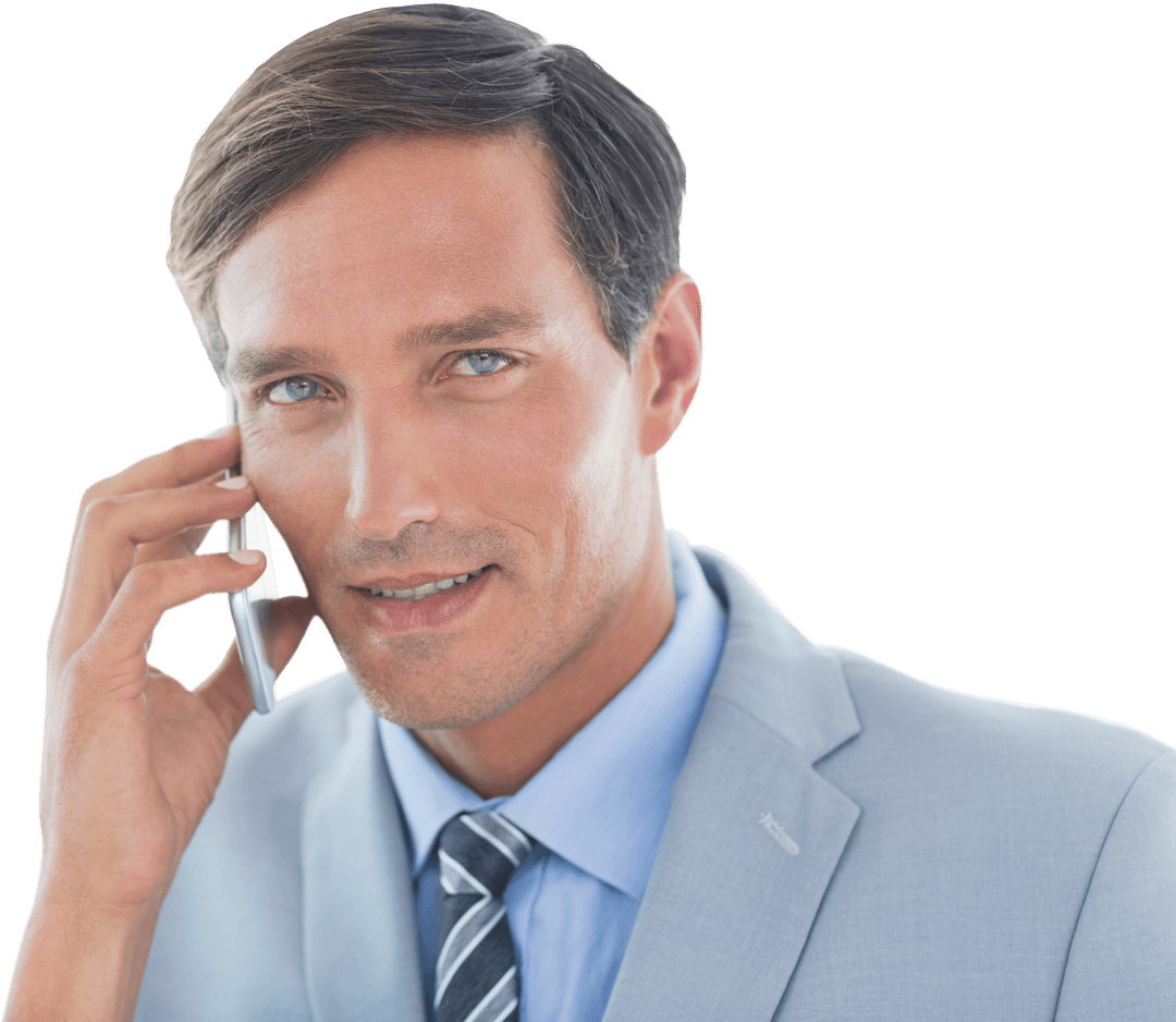 Confident Businessman Engaged in Transparent Phone Call