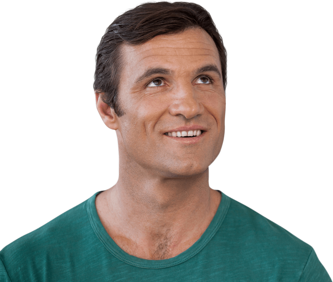 Transparent Background of Thoughtful Mature Man Smiling Upward