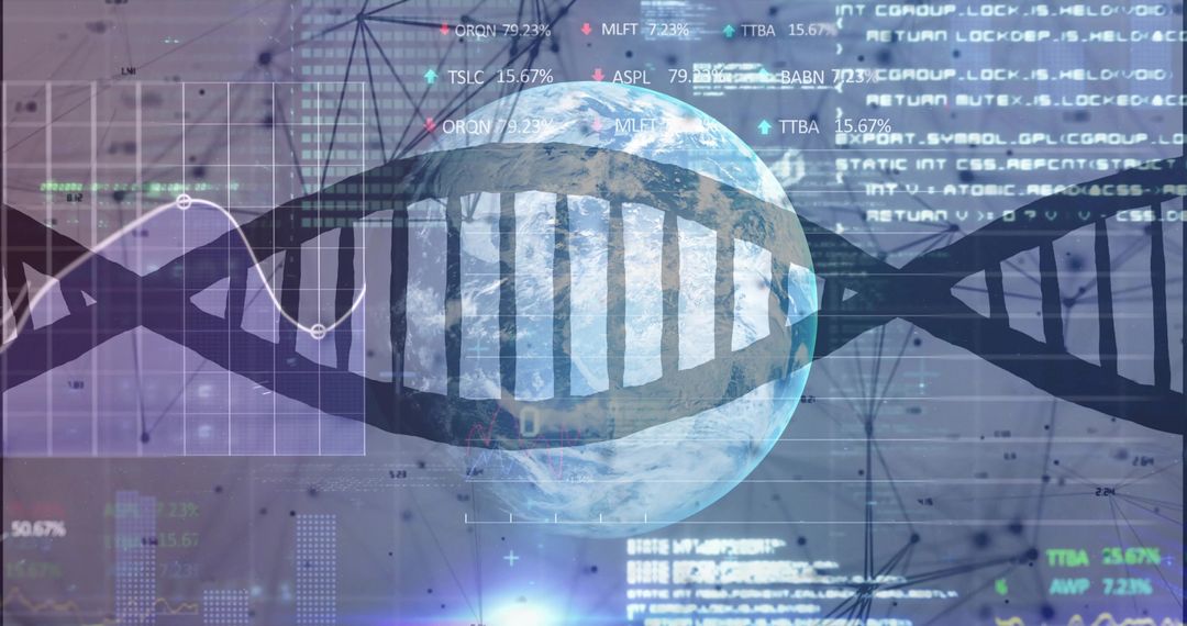 Global genomics visualization showing DNA helix, Earth globe and analytics dashboard