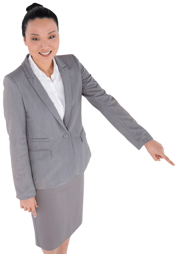 Smiling Asian Businesswoman Confidently Pointing on Transparent Background