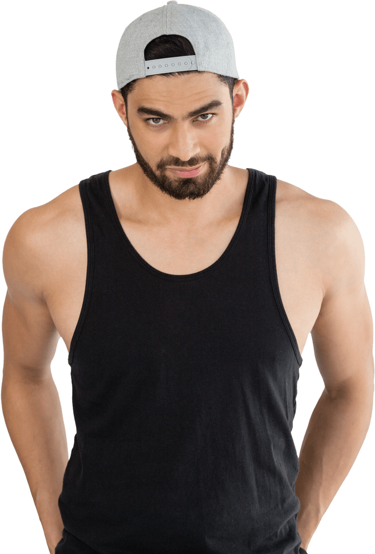Transparent Background Male Model in Black Tank Top Wearing Cap