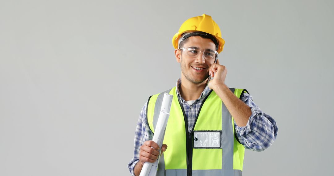 Smiling Engineer on Phone Holding Project Blueprints - Free Images, Stock Photos and Pictures on Pikwizard.com