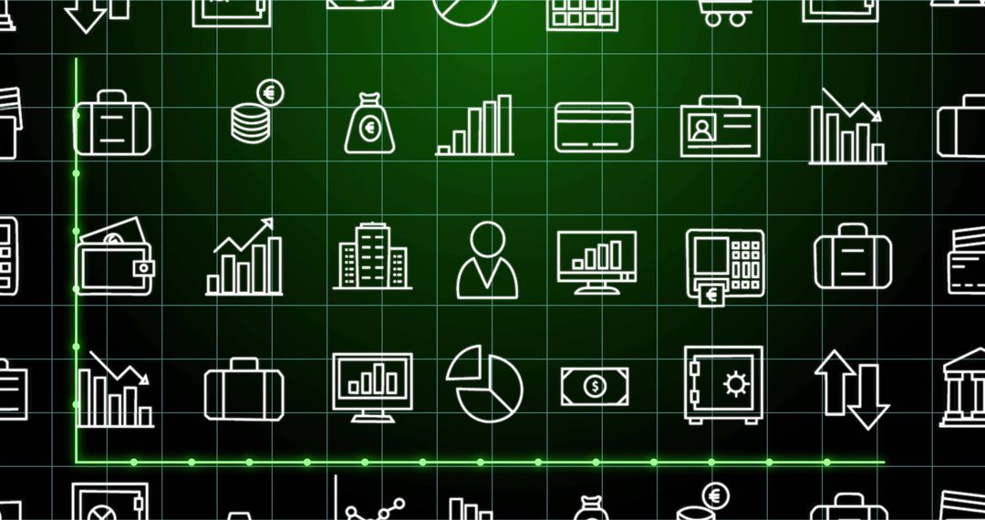 Displaying centered grid of white business and finance icons on green digital dashboard with neon tr