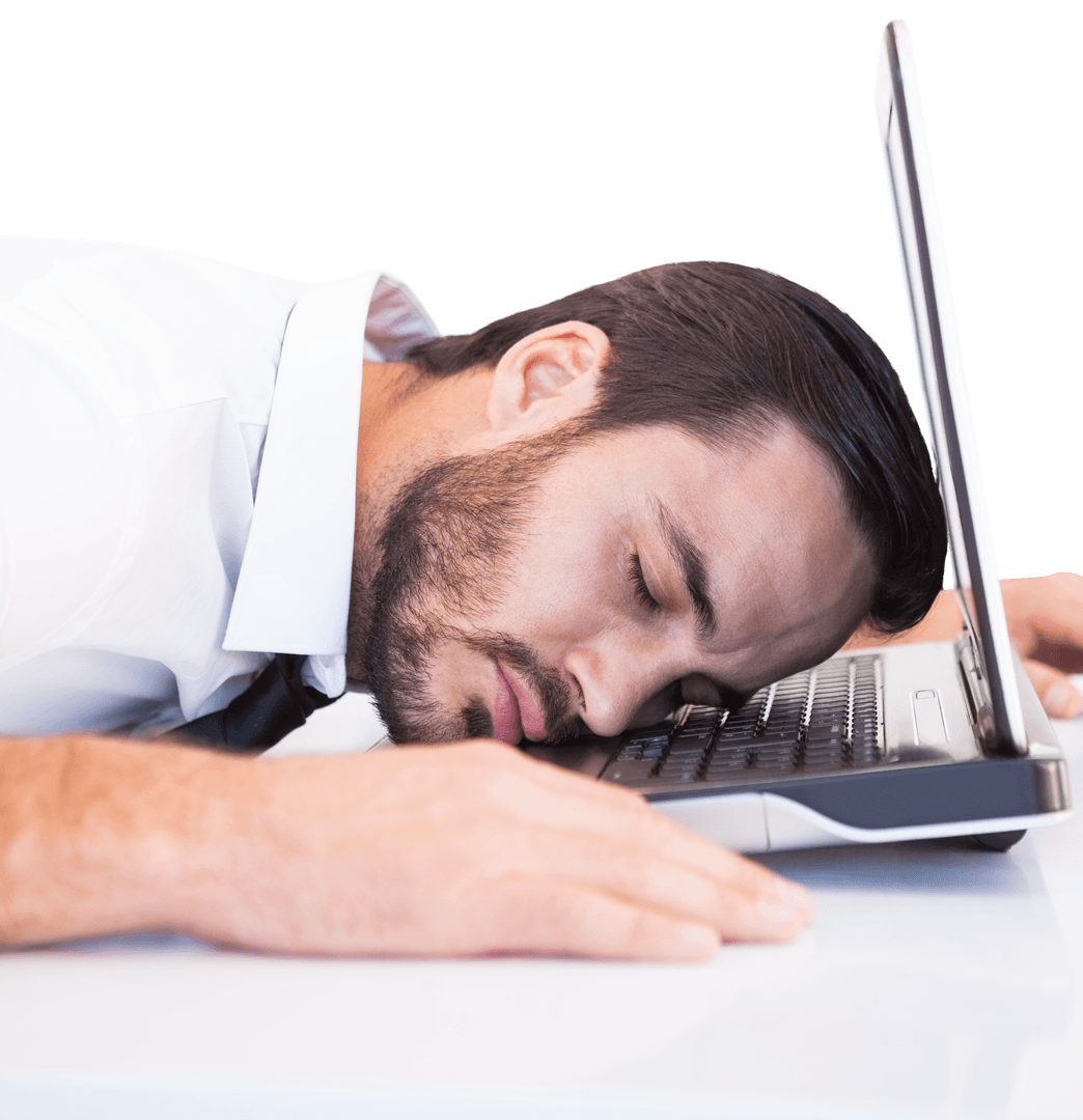 Exhausted Businessman Gravitating on Laptop Keyboard Transparent Background