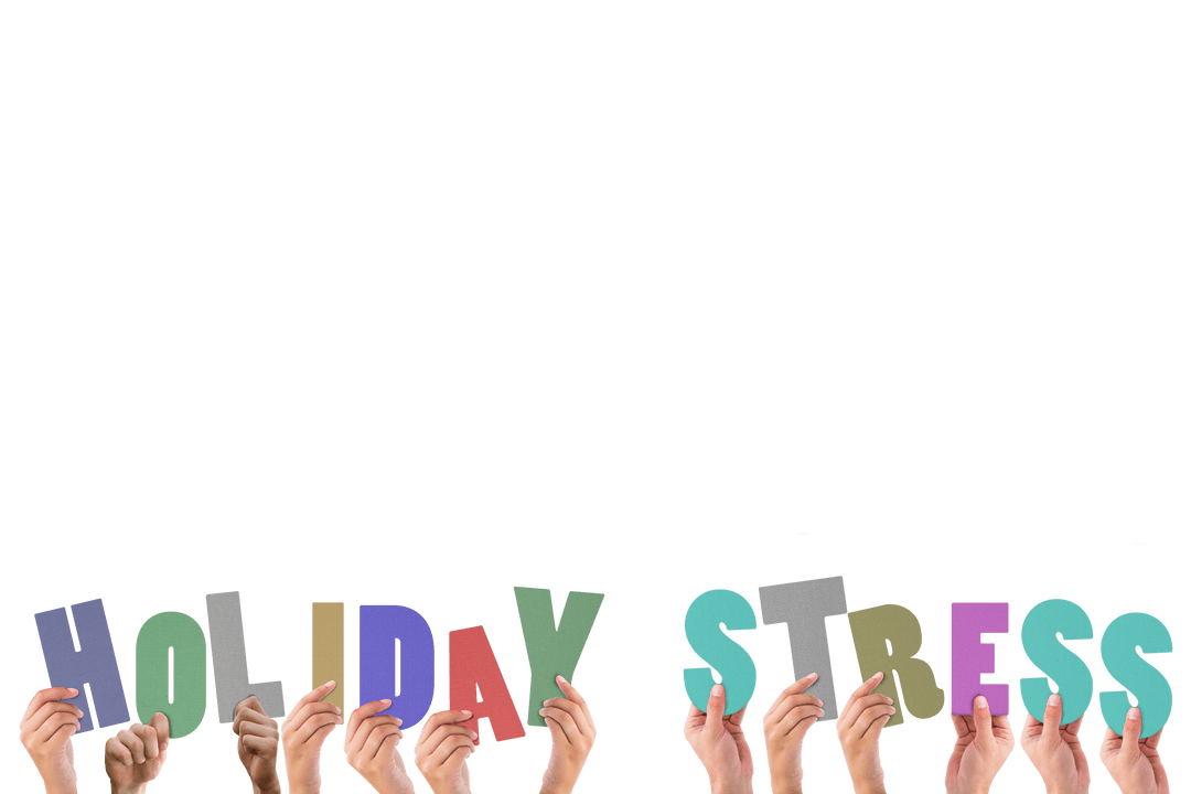 Holiday Stress Text with Raised Hands on Transparent Background