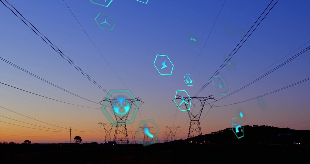 Futuristic Interface Overlay on Power Lines at Sunset