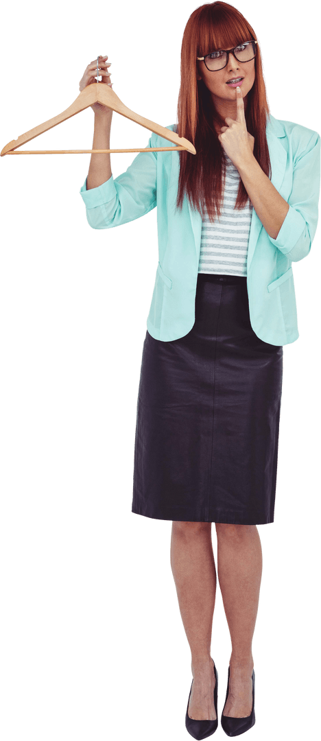 Thoughtful Woman with Clothes Hanger Transparent Background