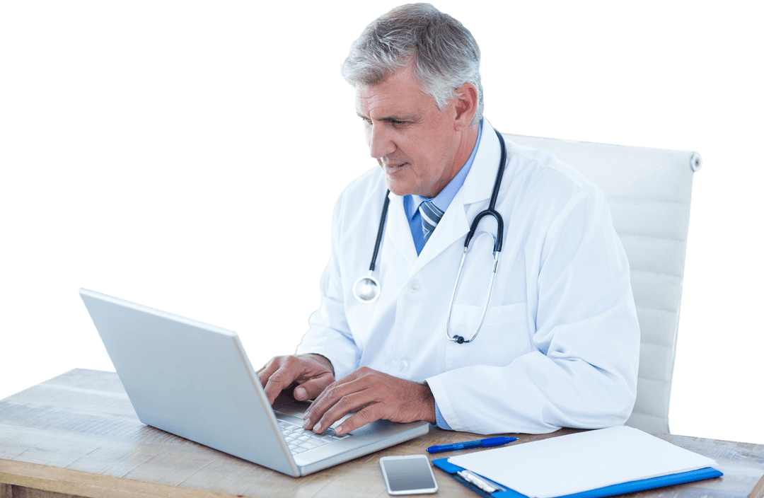 Professional Doctor Working on Transparent Laptop