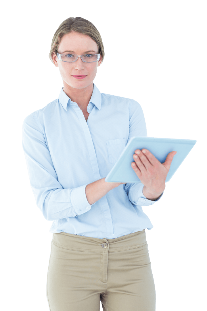 Transparent Businesswoman Using Tablet for Digital Task