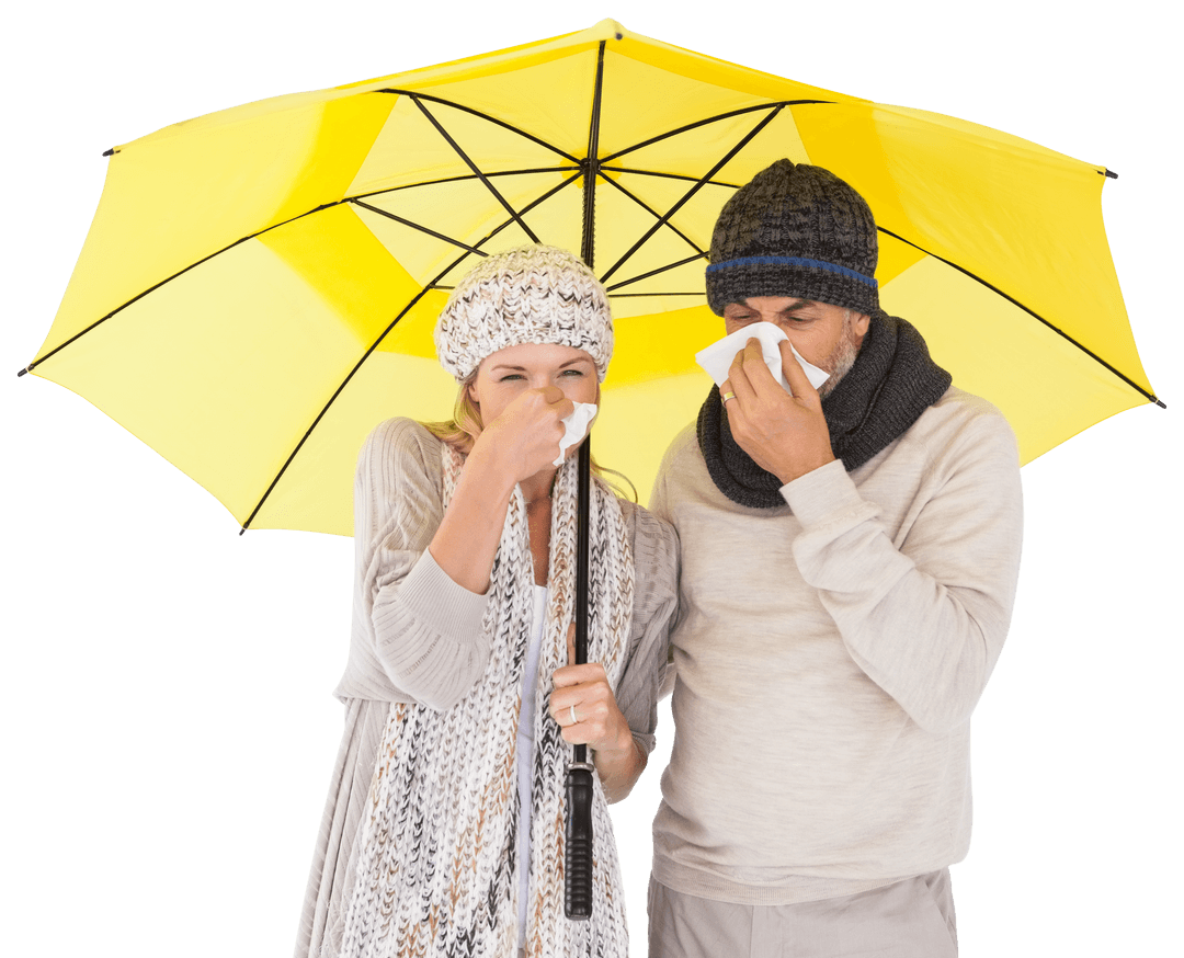 Sick Couple Sneezing Under Yellow Transparent Umbrella in Fall