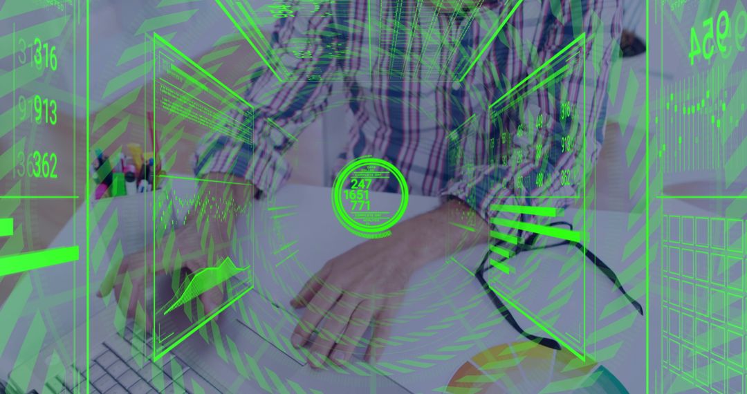 Man Using Augmented Reality for Business Data Analysis at Office Desk