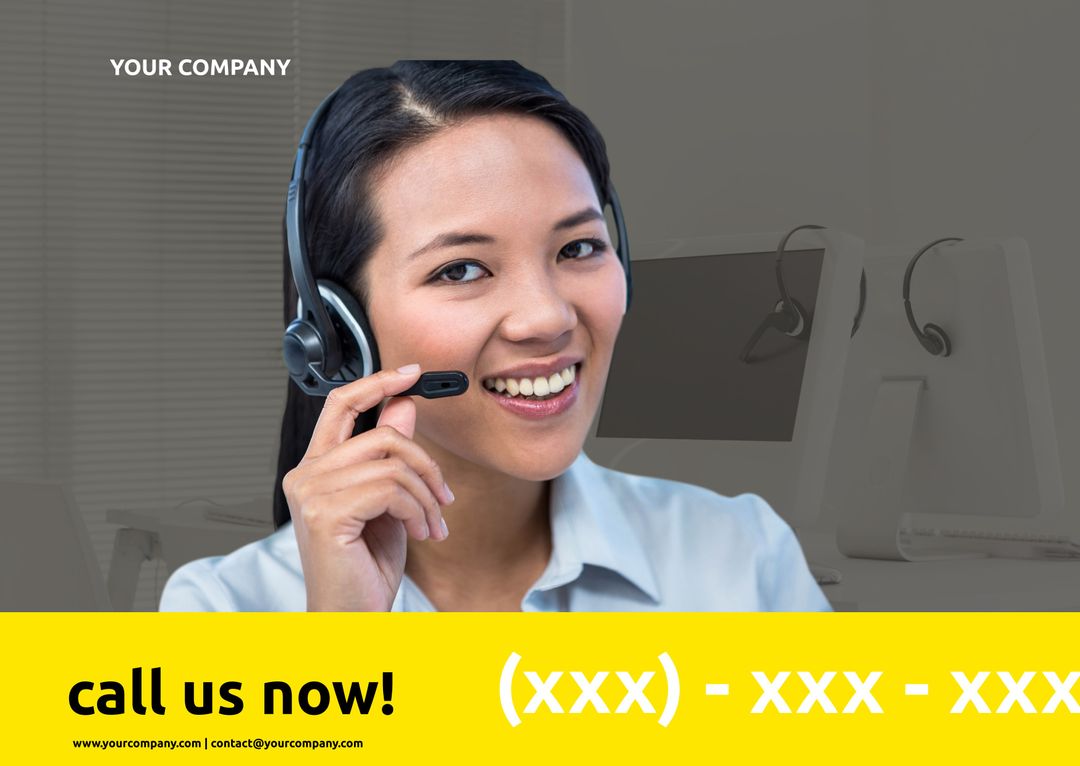 Smiling Customer Support Representative with Headset Promoting Services - Download Free Stock Templates Pikwizard.com