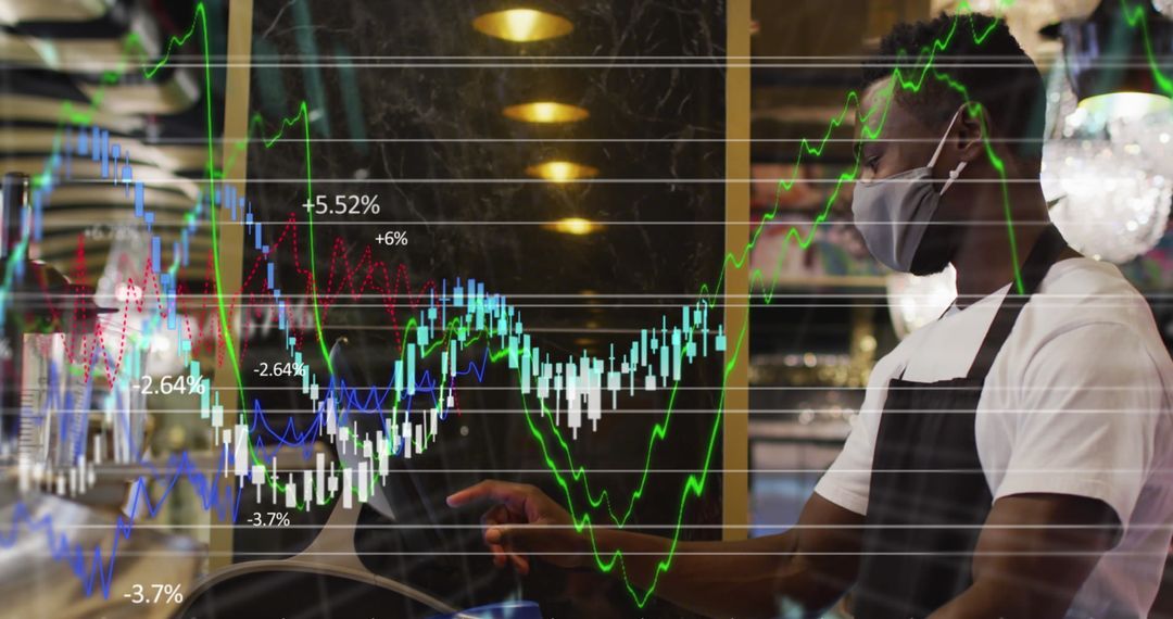 Cafe Worker Analyzing Growth with Financial Graph Overlay