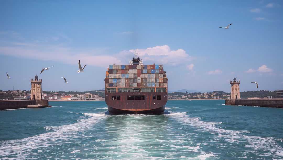 Container Ship Navigating Harbor Entrance, Cargo Stacks Passing Between Lighthouse Beacons