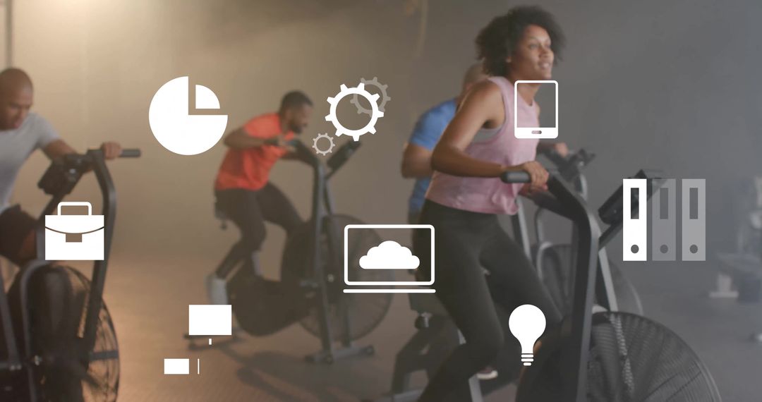 Diverse Team on Elliptical Machines with Business Icons Overlay