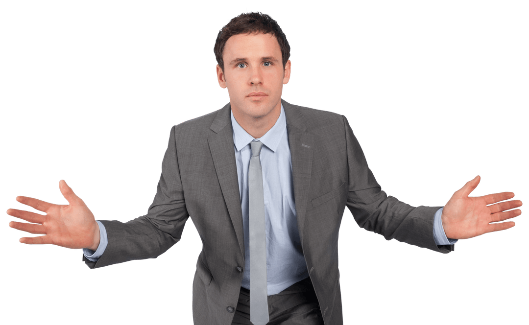 Transparent Businessman Gesturing with Open Hands in Suit