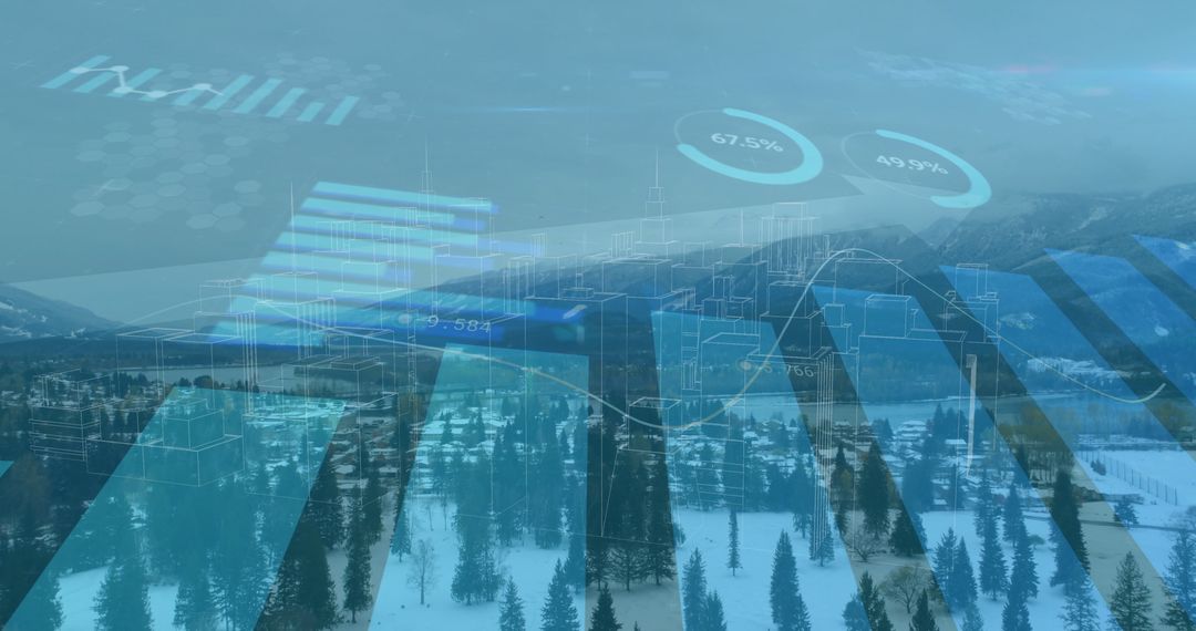 Futuristic Data Visualization Over Snowy Forest