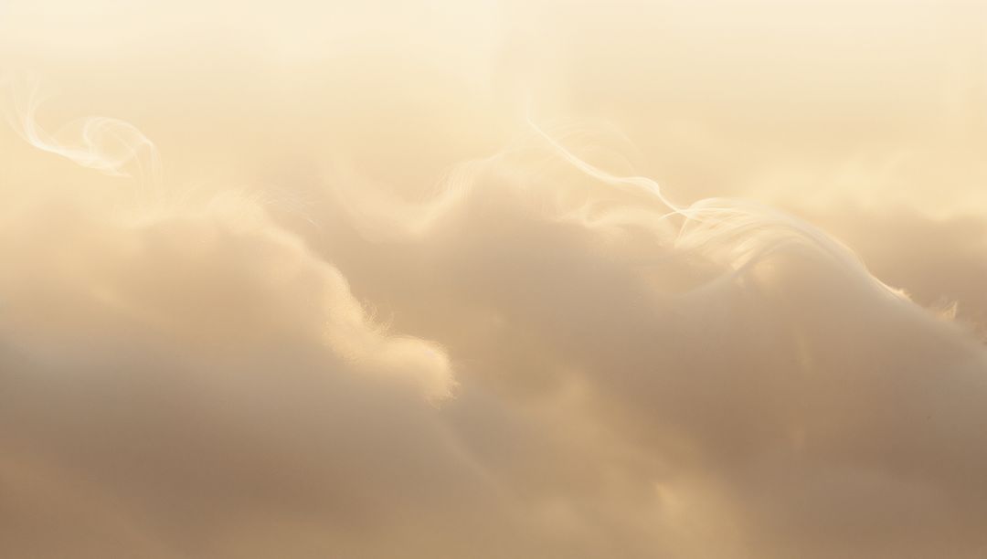 Glowing Golden Backlit Clouds Floating in Soft Haze, Ethereal Mist and Wispy Vapor