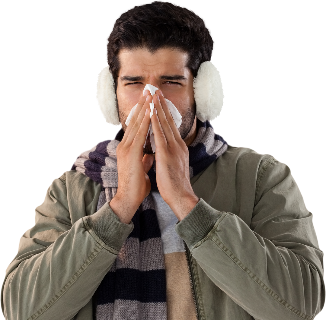 Transparent Background Man Blowing Nose in Winter Clothing - Download Free Stock Images Pikwizard.com