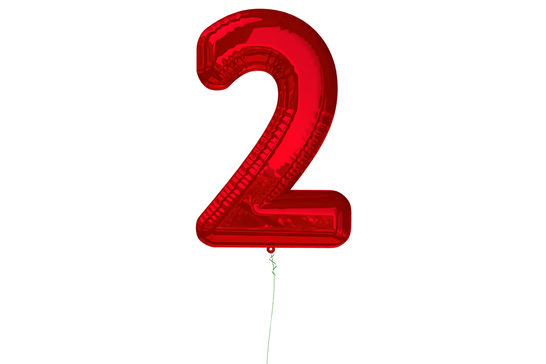 Vibrant Red Number Two Balloon on Transparent Background
