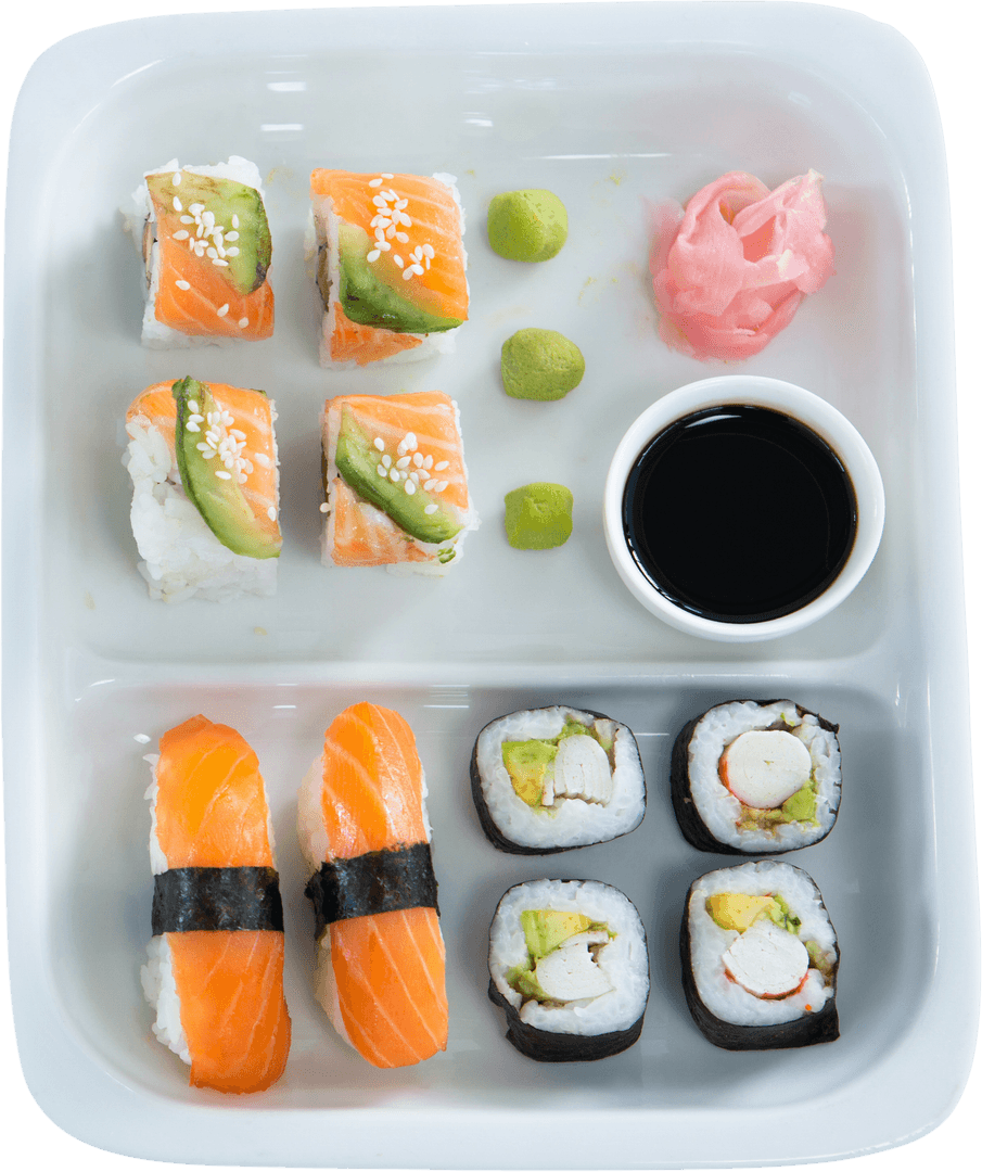 Appetizing Transparent Sushi Platter with Soy Sauce