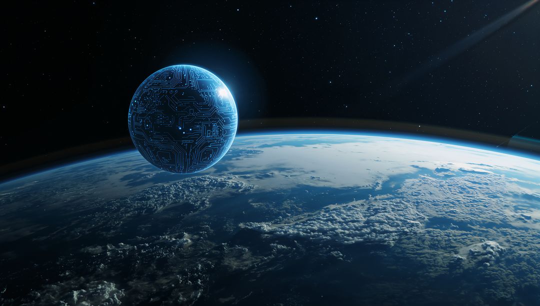 Neon Circuit Sphere Orbiting Earth Horizon Futuristic AI Satellite Above Planet
