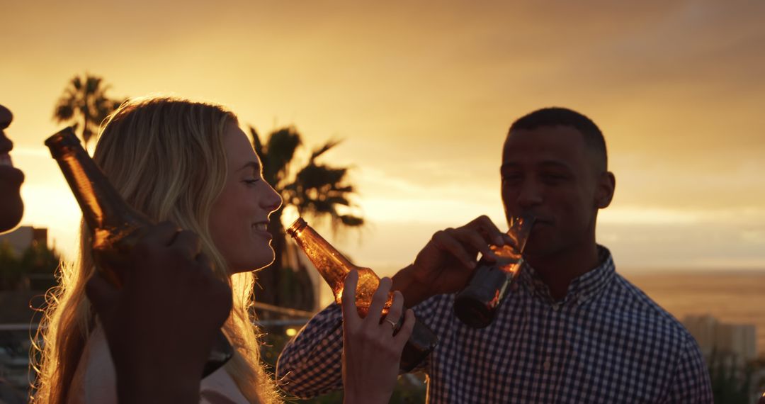 Diverse Friends Enjoying Sunset Drinks on Rooftop - Free Images, Stock Photos and Pictures on Pikwizard.com