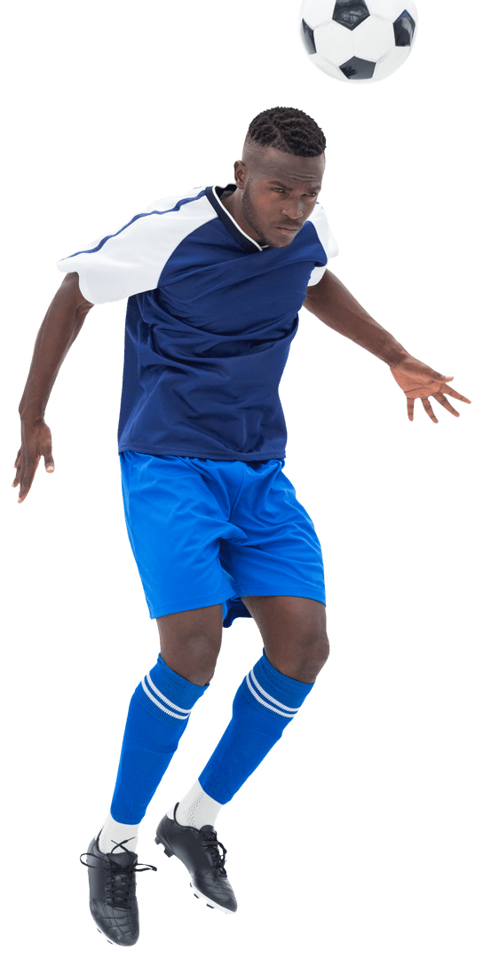 Soccer Player in Blue Uniform Performing Header on Transparent Background