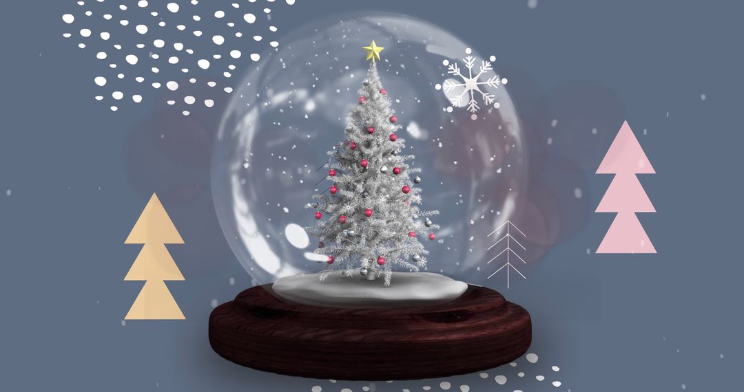 Festive Snow Globe with White Christmas Tree and Falling Snowflakes