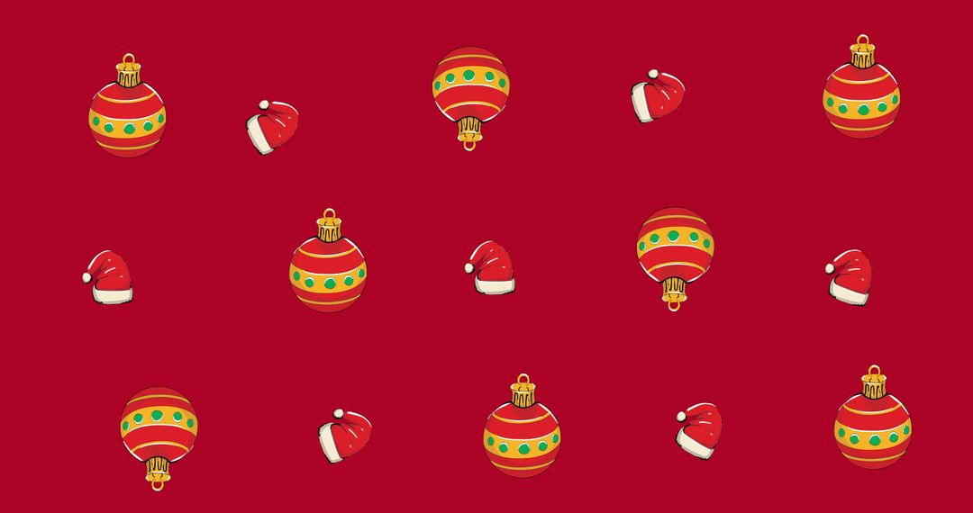 Festive Red Background with Christmas Baubles and Santa Hats