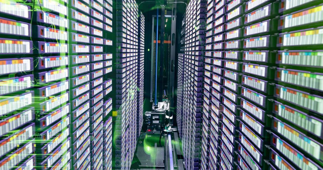 Modern Data Center with Expansive Server Rows and High-Tech Equipment