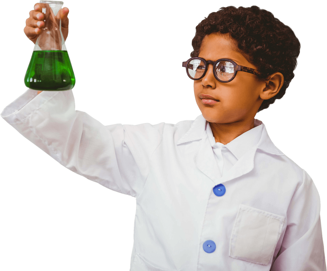 Curious Boy Experimenting in Lab Coat with Transparent Background